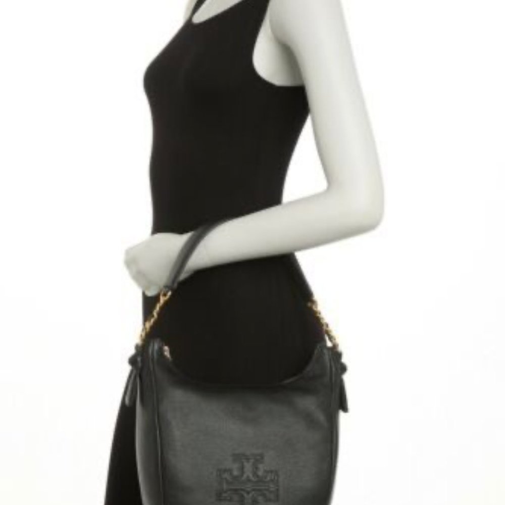 TORY BURCH Harper Black Leather Top Zip Hobo Bag